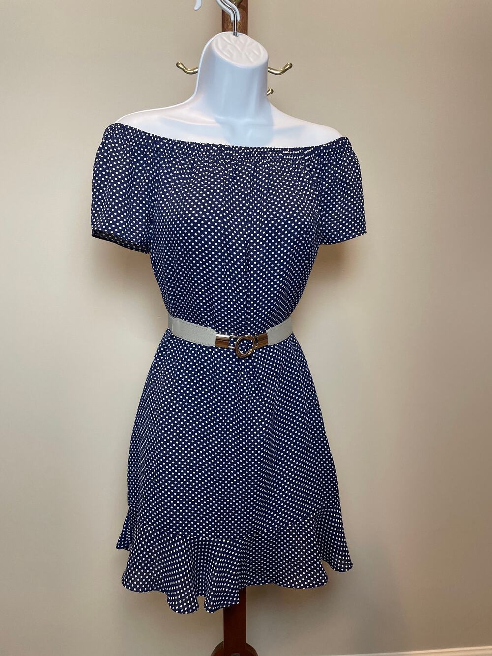 Express Dress Blue White Polka Dot Off The Shoulder Short Sleeve Mini Size M
